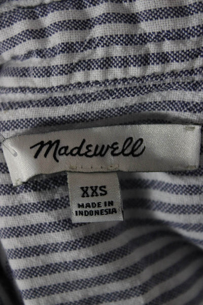 Madewell Women Blue Striped Linen Collared Short Sleeve Button-Up Size 2XS