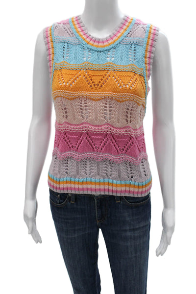 Zara Women Striped Cotton Sweater Vest Multicolor Round Neck Sleeveless Size M