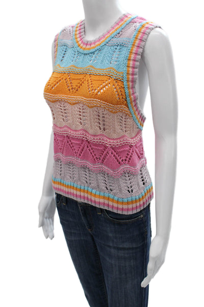 Zara Women Striped Cotton Sweater Vest Multicolor Round Neck Sleeveless Size M