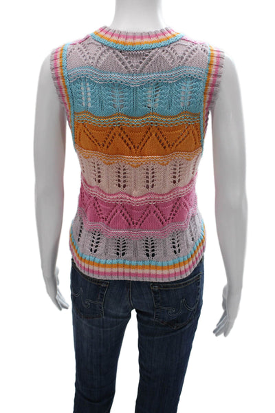 Zara Women Striped Cotton Sweater Vest Multicolor Round Neck Sleeveless Size M