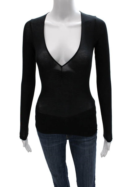 Fleur du Mal Women Basic Modal V-Neck Long Sleeve T-Shirt Black Size XS