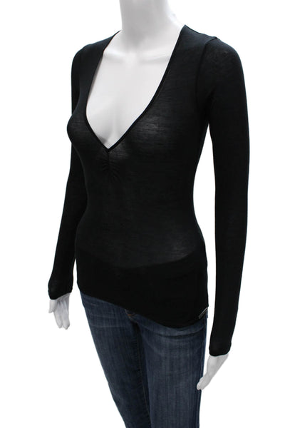 Fleur du Mal Women Basic Modal V-Neck Long Sleeve T-Shirt Black Size XS