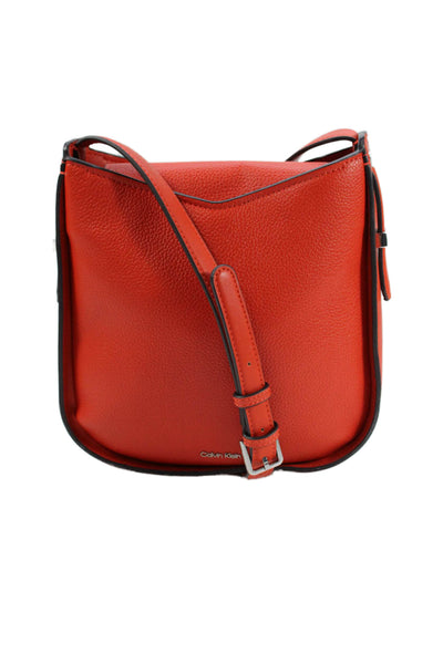 Calvin Klein Womens Adjustable Strap Logo Grain Leather Shoulder Handbag Red