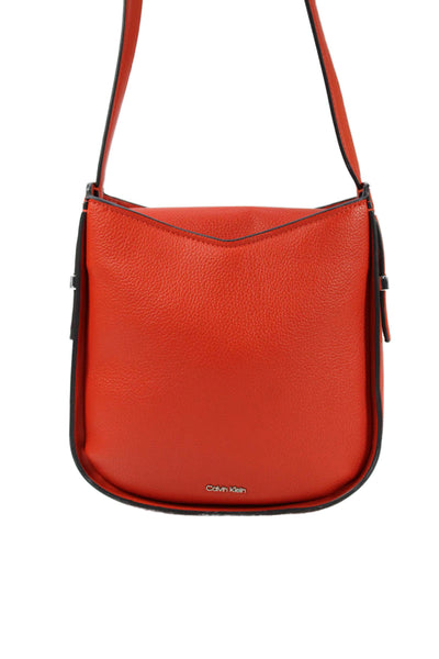 Calvin Klein Womens Adjustable Strap Logo Grain Leather Shoulder Handbag Red