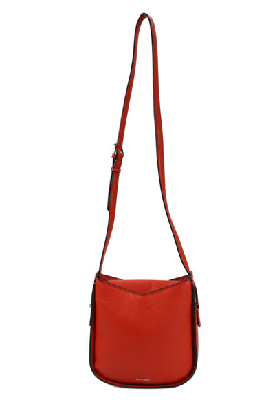 Calvin Klein Womens Adjustable Strap Logo Grain Leather Shoulder Handbag Red