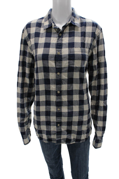Marine Layer Women Blue Plaid Cotton Collared Long Sleeve Button Up Top Size L