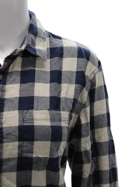 Marine Layer Women Blue Plaid Cotton Collared Long Sleeve Button Up Top Size L