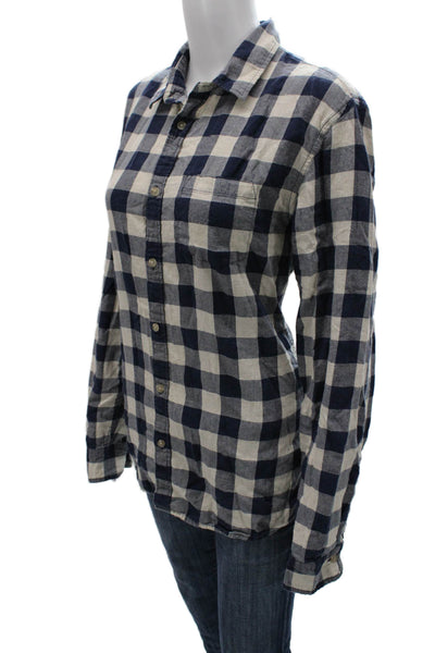 Marine Layer Women Blue Plaid Cotton Collared Long Sleeve Button Up Top Size L