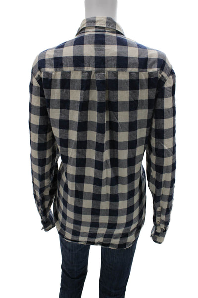Marine Layer Women Blue Plaid Cotton Collared Long Sleeve Button Up Top Size L