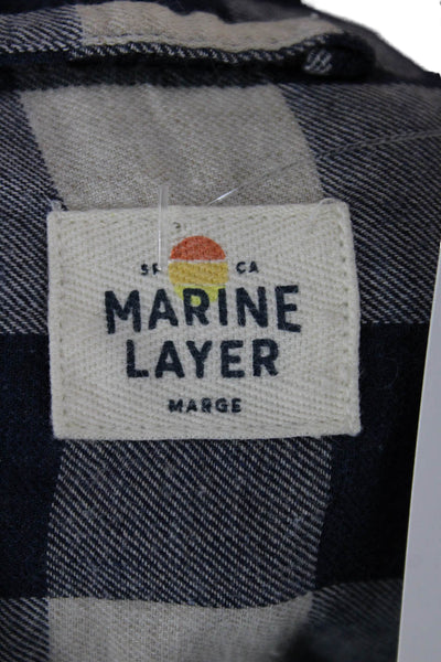 Marine Layer Women Blue Plaid Cotton Collared Long Sleeve Button Up Top Size L