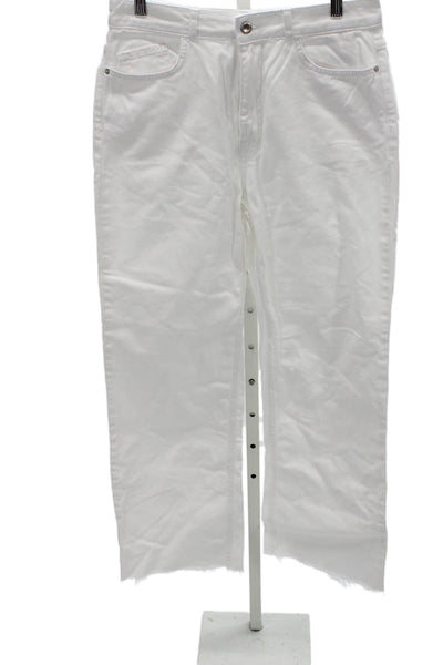 Zara Women Straight White Jeans High Rise 31 Inseam 100% Cotton Button Size 8