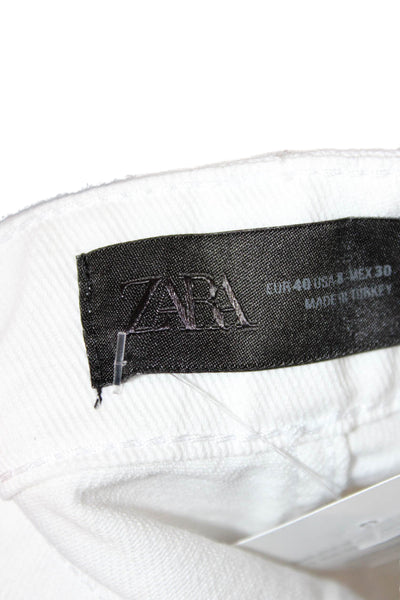 Zara Women Straight White Jeans High Rise 31 Inseam 100% Cotton Button Size 8