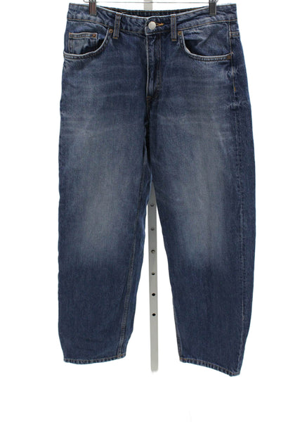 Zara Women Tapered Jeans Blue High Rise Cotton Button Size 4