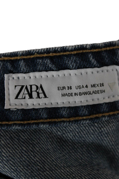 Zara Women Tapered Jeans Blue High Rise Cotton Button Size 4