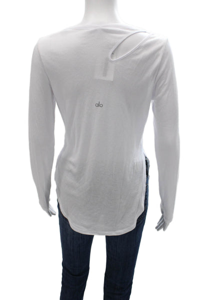 Alo Women Basic White Cotton Round Neck Long Sleeve T-Shirt Size XS