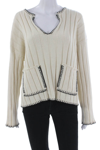 Zara Women Pullover V-Neck Cotton Ivory Long Sleeve Solid Fall Size M