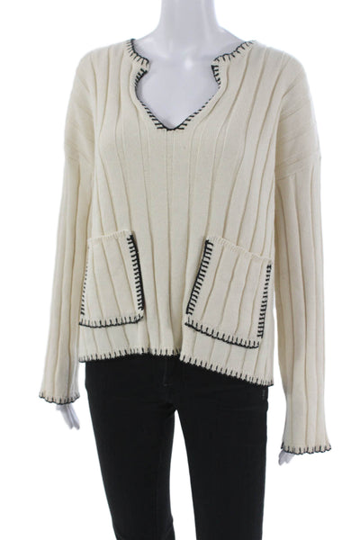 Zara Women Pullover V-Neck Cotton Ivory Long Sleeve Solid Fall Size M