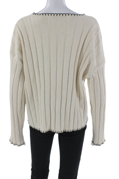 Zara Women Pullover V-Neck Cotton Ivory Long Sleeve Solid Fall Size M