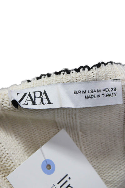 Zara Women Pullover V-Neck Cotton Ivory Long Sleeve Solid Fall Size M