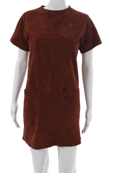 Billy Reid Women Shift Dress Brown Goat Suede Short Sleeve Zip Size S
