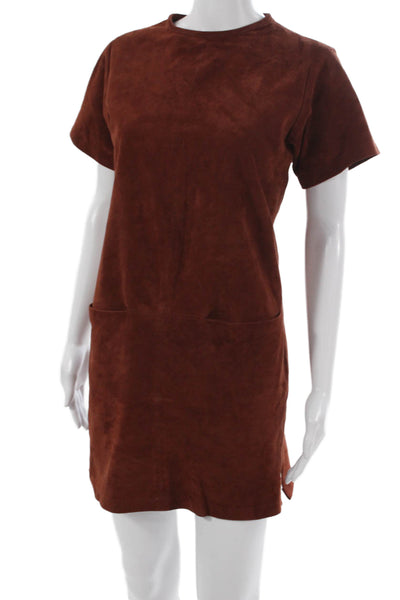 Billy Reid Women Shift Dress Brown Goat Suede Short Sleeve Zip Size S
