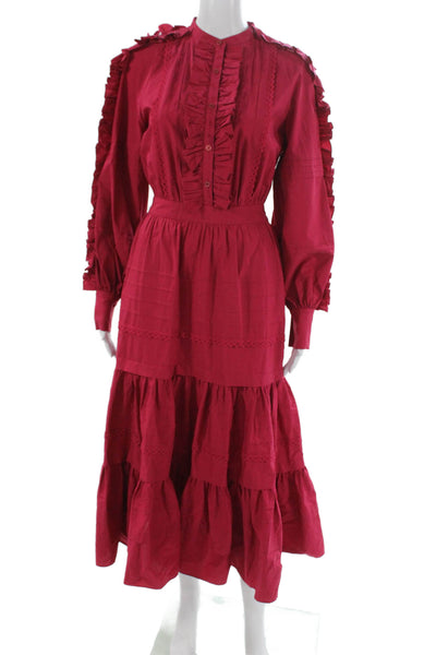 Temperley London Women Maxi Red Cotton Collared Long Sleeve Dress Size 4