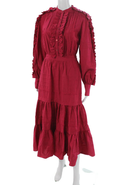 Temperley London Women Maxi Red Cotton Collared Long Sleeve Dress Size 4