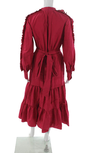 Temperley London Women Maxi Red Cotton Collared Long Sleeve Dress Size 4