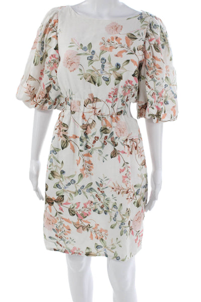 Cara Cara Women Shift Dress White Linen Floral Half Sleeve Round Neck Size 6