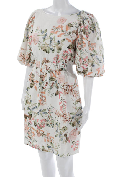 Cara Cara Women Shift Dress White Linen Floral Half Sleeve Round Neck Size 6