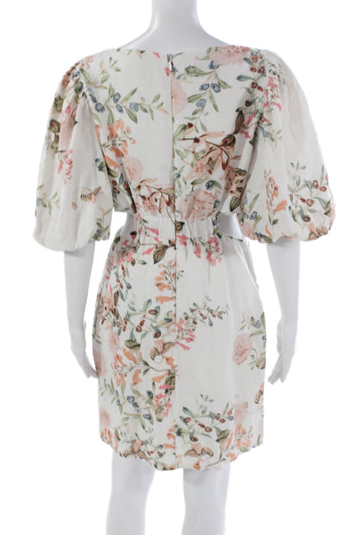 Cara Cara Women Shift Dress White Linen Floral Half Sleeve Round Neck Size 6