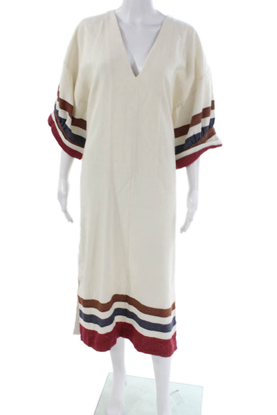 Three Graces London Women Kaftan Dress Ivory Linen V-Neck Half Sleeve Size 6