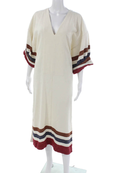 Three Graces London Women Kaftan Dress Ivory Linen V-Neck Half Sleeve Size 6