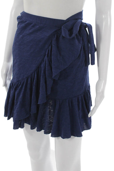 Goldie Womens Wrap Skirt Blue Pima Cotton Tie Waist Short Size M