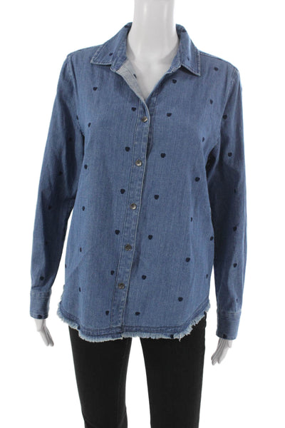 Lisa Todd Women Blue Cotton Collared Hearts Long Sleeve Button-Up Top Size S