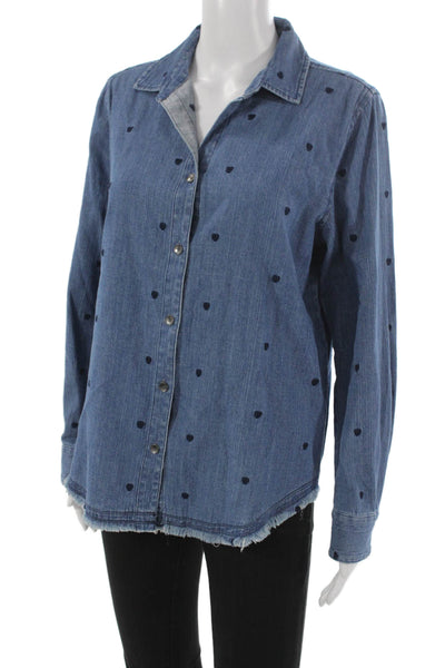 Lisa Todd Women Blue Cotton Collared Hearts Long Sleeve Button-Up Top Size S