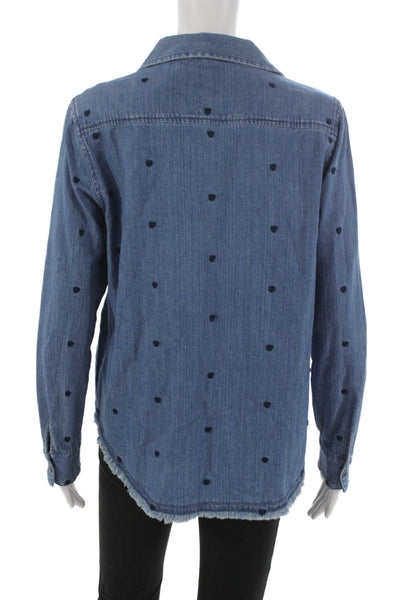 Lisa Todd Women Blue Cotton Collared Hearts Long Sleeve Button-Up Top Size S