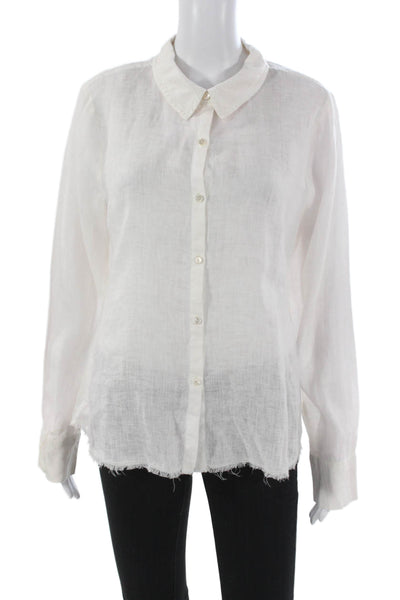 Ecru Women White Linen Collared Long Sleeve Button Up Basic Top Size L