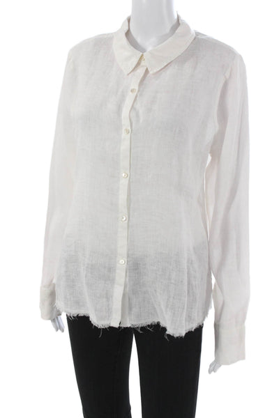 Ecru Women White Linen Collared Long Sleeve Button Up Basic Top Size L