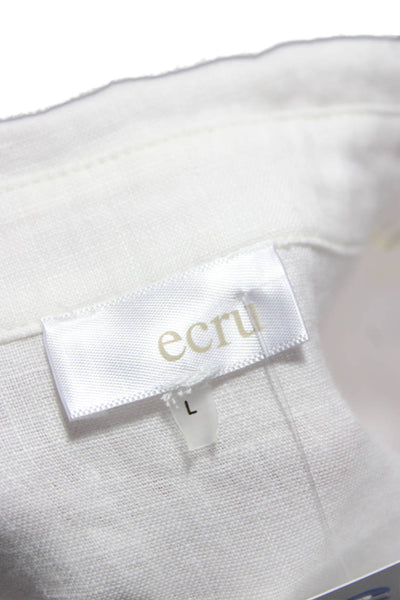 Ecru Women White Linen Collared Long Sleeve Button Up Basic Top Size L