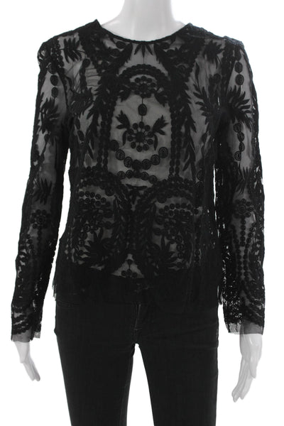 Mason Women Black Floral Cotton Blouse Round Neck Long Sleeve Button Size 6