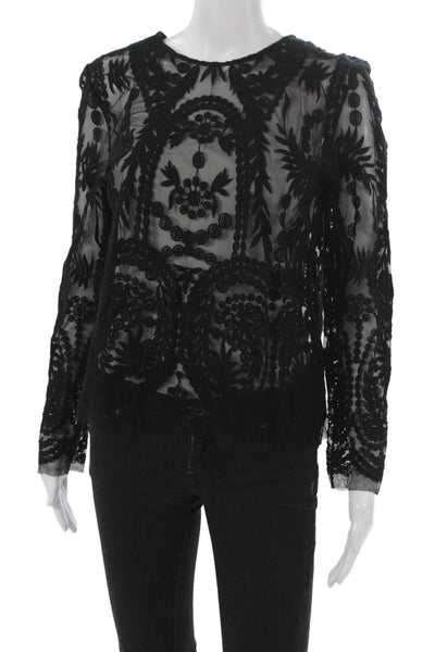 Mason Women Black Floral Cotton Blouse Round Neck Long Sleeve Button Size 6