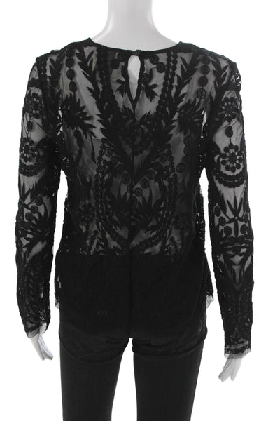 Mason Women Black Floral Cotton Blouse Round Neck Long Sleeve Button Size 6