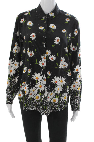 The Kooples Womens Black Silk Floral Collared Button Up Long Sleeve Size XS