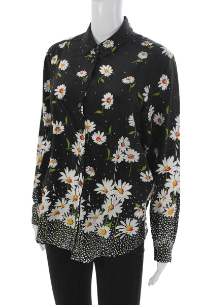 The Kooples Womens Black Silk Floral Collared Button Up Long Sleeve Size XS