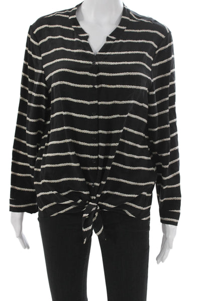 Joie Womens Silk Striped V-Neck Long Sleeve Basic Blouse Black Size M