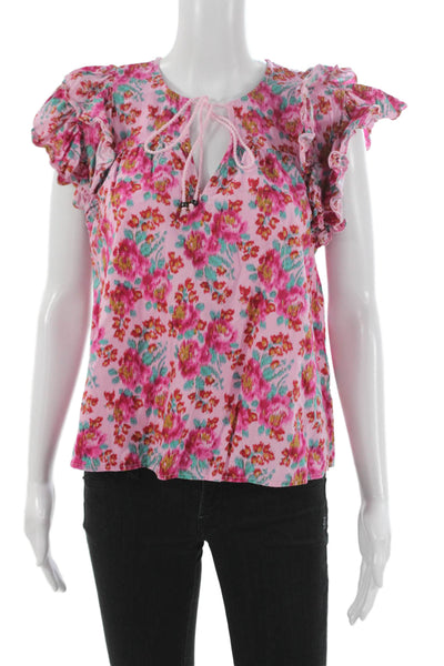 Love The Label Womens Floral Cotton V-Neck Tie Short Sleeve Blouse Size M