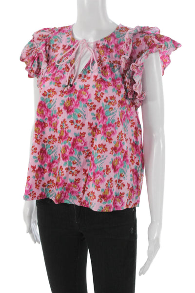 Love The Label Womens Floral Cotton V-Neck Tie Short Sleeve Blouse Size M