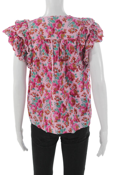 Love The Label Womens Floral Cotton V-Neck Tie Short Sleeve Blouse Size M
