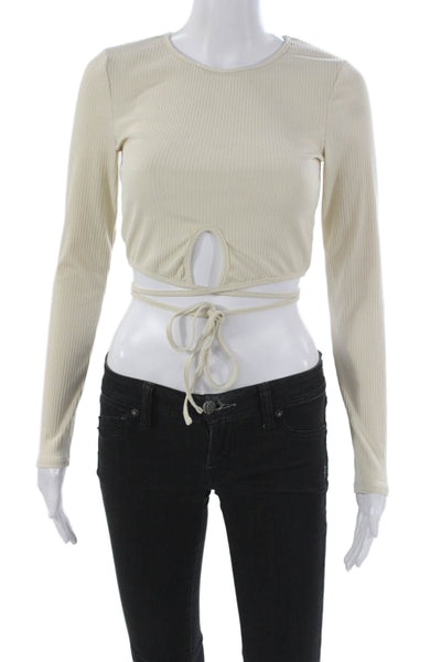 ASTR Womens Cropped Long Sleeve Crew Neck Beige Polyester Blend Blouse Size S